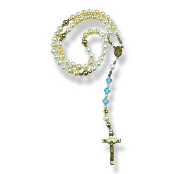 Faux Pearl Rosary Blue Rhinestone Beads Mother of Pearl Crucifix Prayer Beads - Picture 2 of 6
